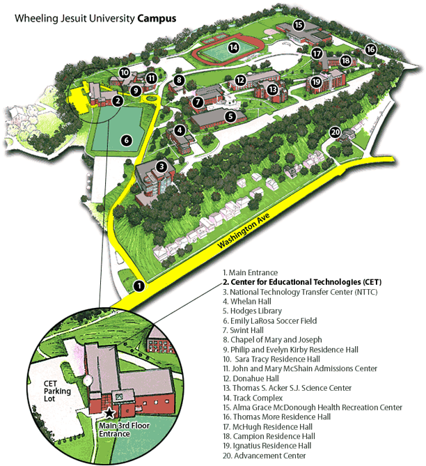 Image showing the Wheeling Jesuit University campus map. The map highlights where the Center for Educational Technologies building is located.  Please have someone assist you with this.